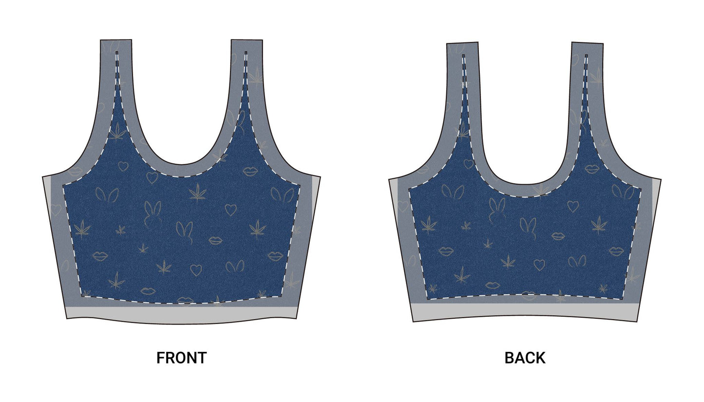Sports Bra Crop Top - HappyBunnie420 Denim Print